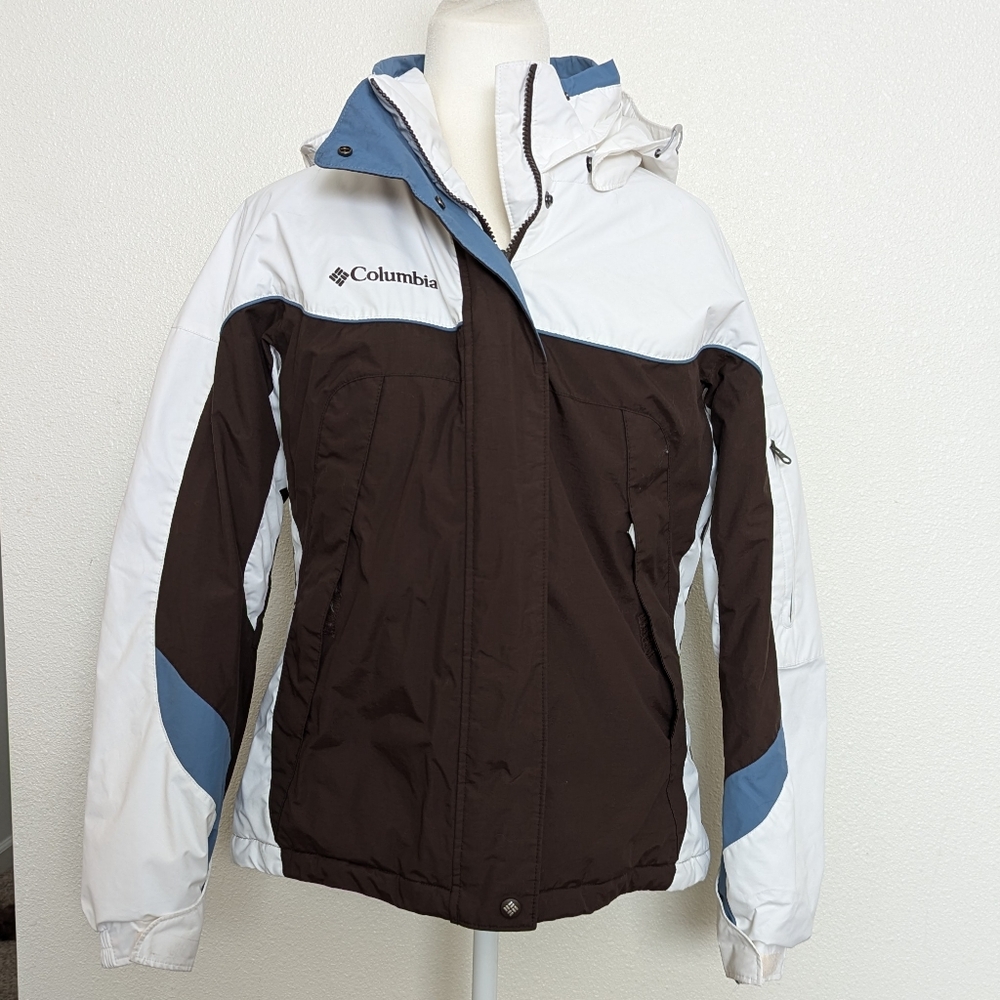 Columbia Brown/White/Blue Combo Heavy Hooded Winter Coat Size Medium